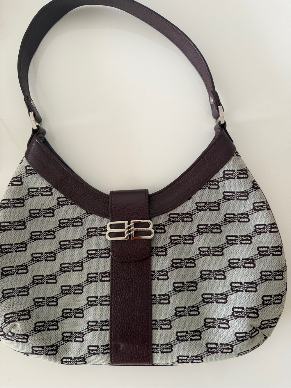 Balenciaga Vintage BB Monogram Canvas Shoulder Bag Hobo Bag Brown & White